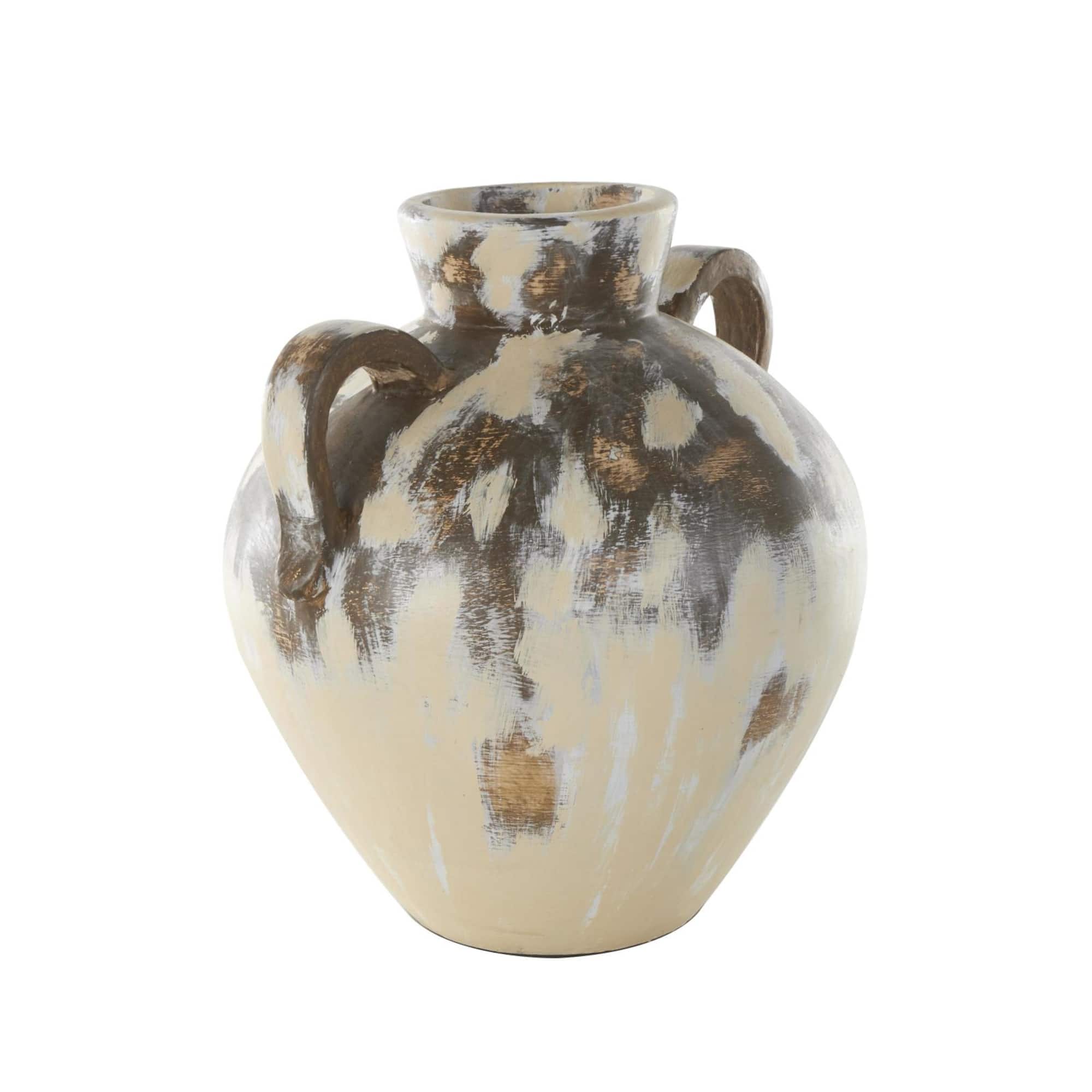 16" Cream Ceramic Antique Style Pot Vase with Arched Handles